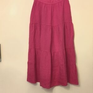 120% Lino Tiered Pink Maxi Italian Linen Boho Stretchy back waist Skirt Large 46